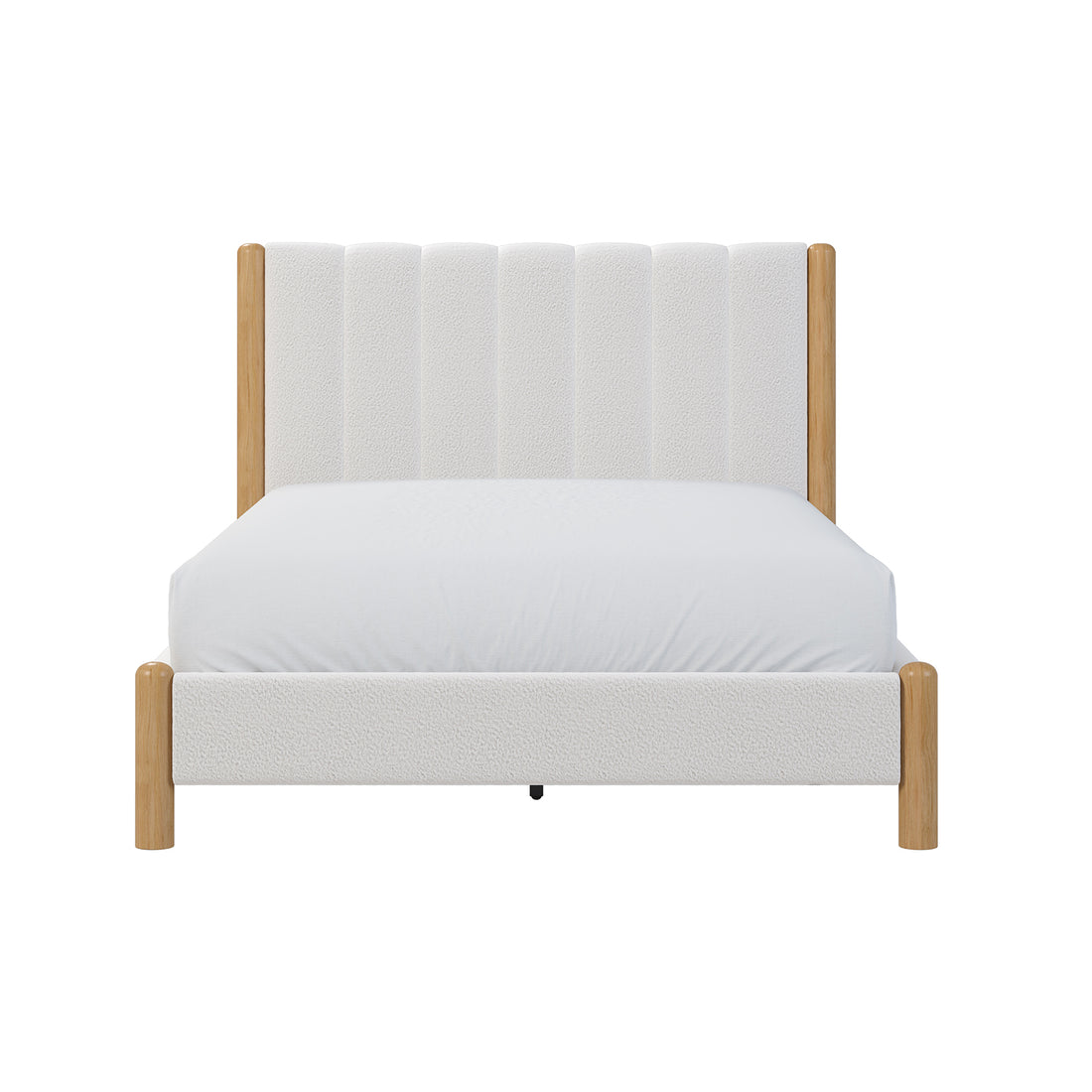 Close-up view of the Harper Boucle Double Bed Frame – Eggshell White, showcasing its premium boucle fabric upholstery and timber accents, highlighting the modern and cozy design elements of the headboard.