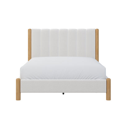 Close-up view of the Harper Boucle Double Bed Frame – Eggshell White, showcasing its premium boucle fabric upholstery and timber accents, highlighting the modern and cozy design elements of the headboard.