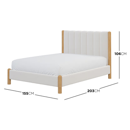 Harper Boucle Double Bed Frame in Eggshell White, featuring boucle upholstery, a padded headboard, and wooden legs. The close-up highlights its craftsmanship and modern design elements, perfect for stylish, comfortable bedrooms.