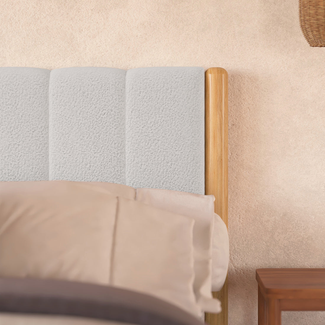 Harper Boucle King Bed Frame – Eggshell White, featuring plush boucle upholstery and a padded headboard. Showcases sturdy eucalyptus hardwood construction with wood accents, perfect for a modern, sophisticated bedroom setting.