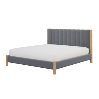 Harper Boucle King Bed Frame – Grey, showcasing a plush padded headboard, boucle upholstery, and sturdy eucalyptus hardwood frame, creating a modern and cozy bedroom aesthetic.