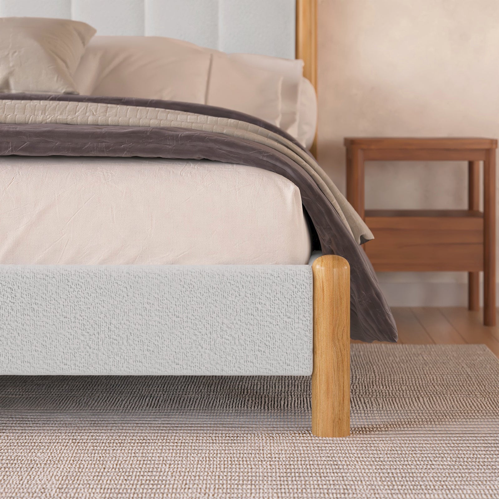 Harper Boucle Queen Bed Frame – Eggshell White features plush boucle upholstery, a padded headboard, and natural wood accents, showcasing a modern, minimalist design for stylish bedroom comfort.