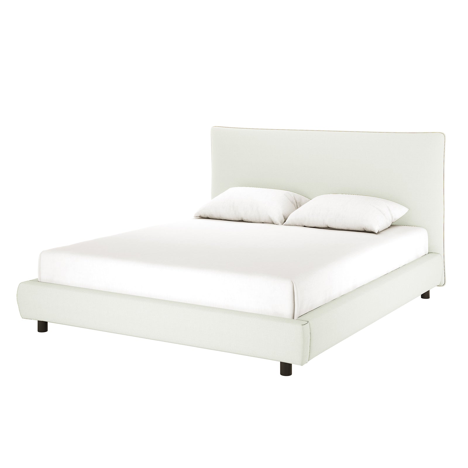 Havvan King Linen Upholstered Fabric Bed Frame - Off White, featuring a low-profile design with a matching headboard, dressed with a simple white mattress and two white pillows for a modern look.