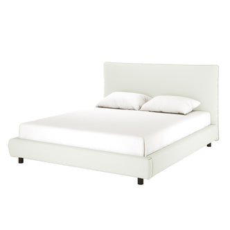 Havvan King Linen Upholstered Fabric Bed Frame - Off White, featuring a low-profile design with a matching headboard, dressed with a simple white mattress and two white pillows for a modern look.