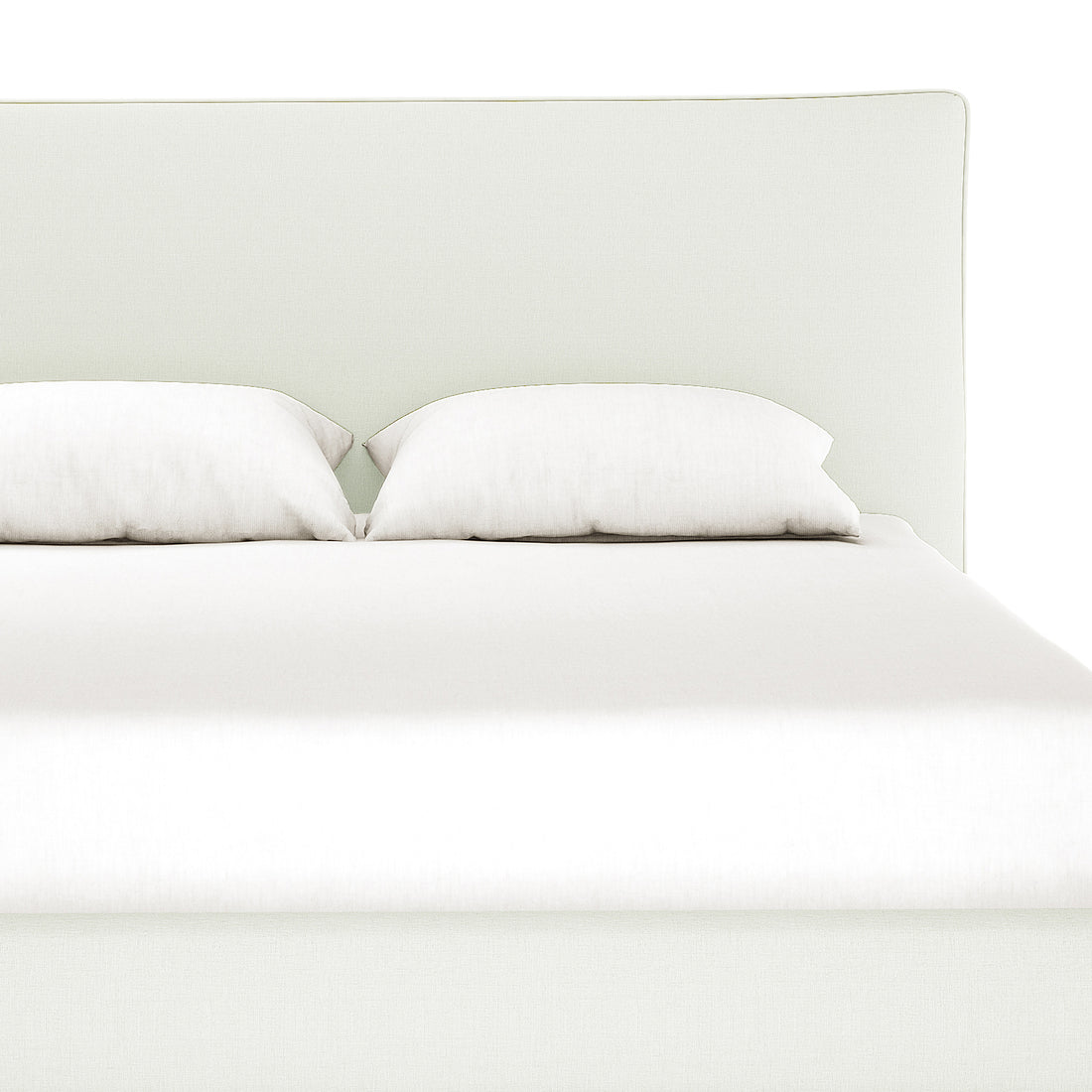Havvan King Linen Upholstered Fabric Bed Frame - Off White, featuring a foam-padded headboard and white pillows, showcases modern elegance with its sleek upholstery and inviting bedding arrangement.