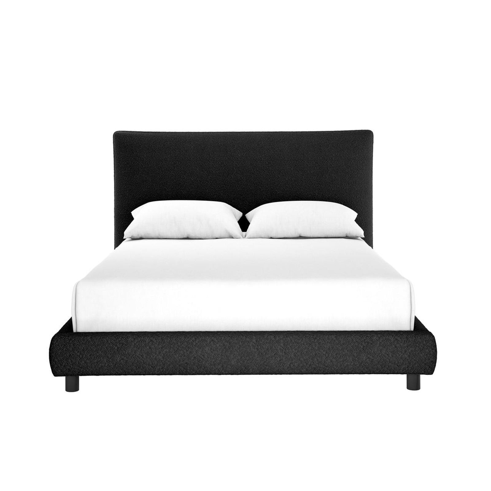Havvan Queen Bouclé Upholstered Fabric Bed Frame - Black: A modern platform bed with a low-profile black frame and upright headboard, featuring a white mattress and pillows, epitomizing luxury and comfort.