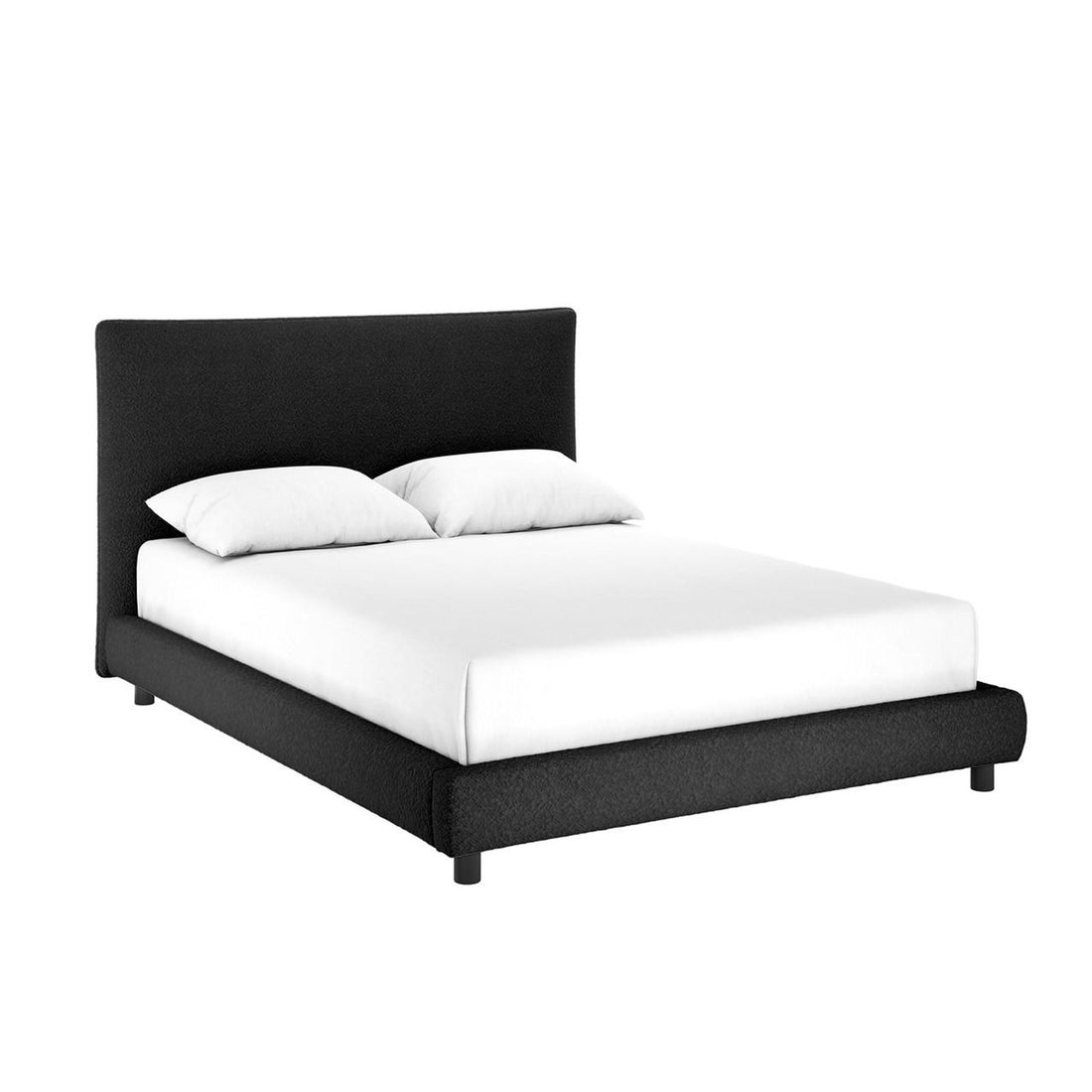 Havvan Queen Bouclé Upholstered Fabric Bed Frame - Black featuring a dark upholstered platform with a tall headboard, white mattress, and pillows, showcasing its modern, luxurious design for a stylish bedroom centerpiece.