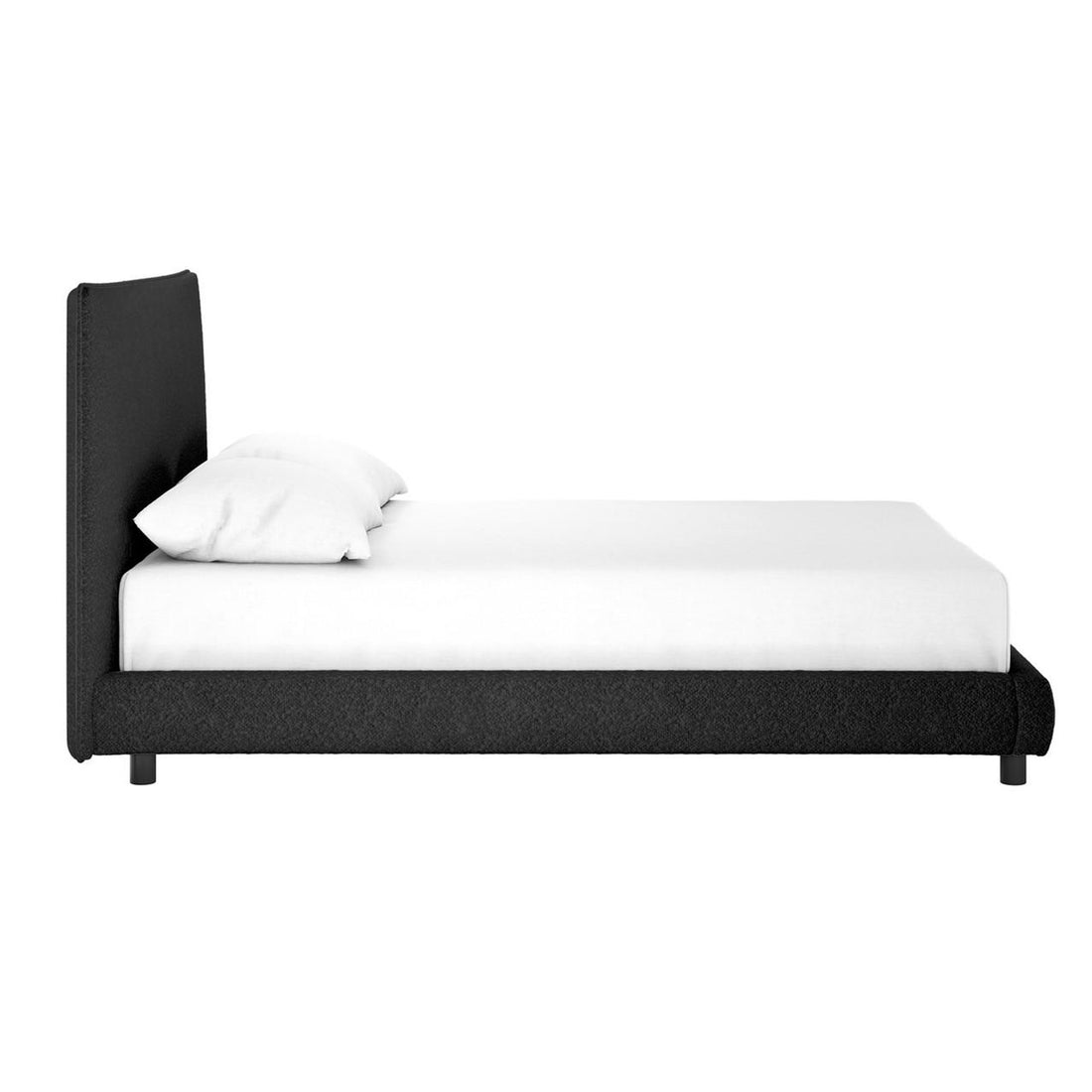 Havvan Queen Bouclé Upholstered Fabric Bed Frame - Black features a low-profile black frame with a tall headboard, dressed in white bedding, showcasing its minimalist and elegant design.