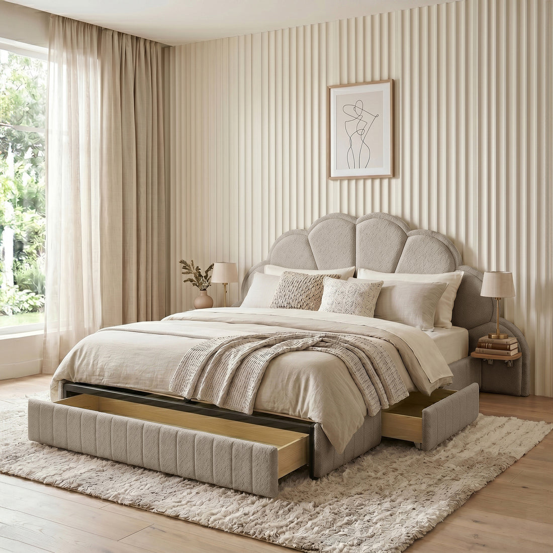 Clove King Storage Bed Base Set in Warm Beige