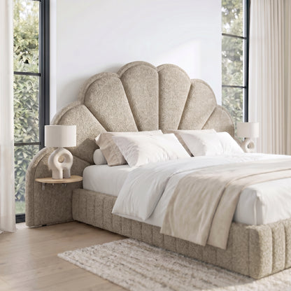 Clove King Scallop-Fan Headboard in Warm Beige Boucle