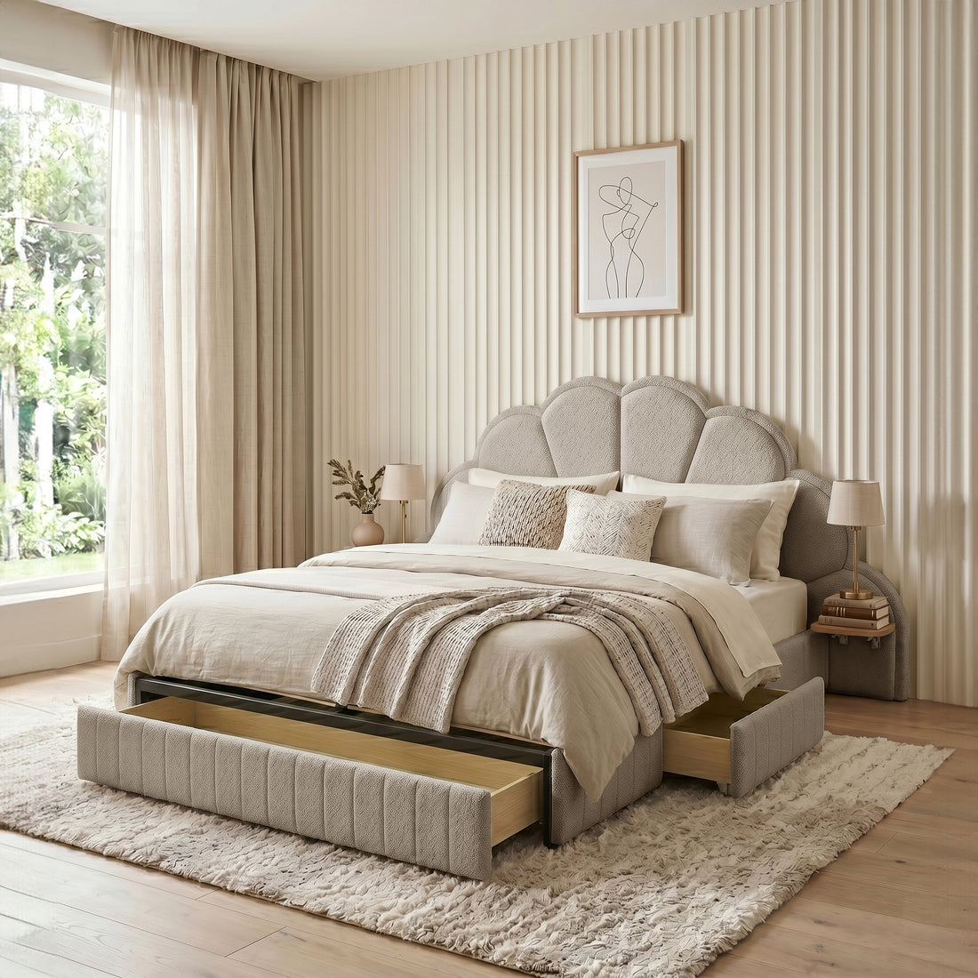 Clove Queen Storage Bed Base Set in Warm Beige