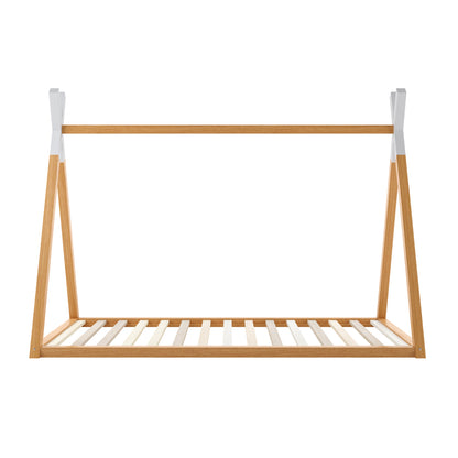 Helena Kids Single Solid Pine Teepee Bed Frame in Natural, featuring a minimalist A-frame design with a slatted base for storage, embodying a cozy, playful retreat for children's bedrooms.
