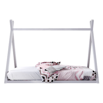 Helena Kids Single Solid Pine Teepee Bed Frame in White, shaped like a house, fitted with pink-patterned bedding; designed for children's imaginative play and easy access.