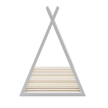 Helena Kids Single Solid Pine Teepee Bed Frame in White, featuring an A-frame design with two beams at the top and slatted base for mattress support, offering a playful yet sturdy structure.