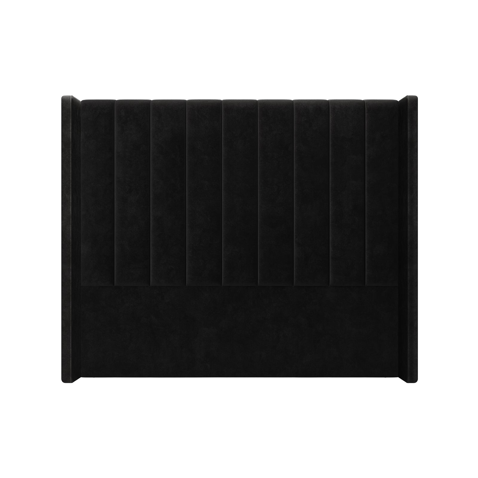 Fulvia Queen Winged Velvet Fabric Headboard in Ink features vertical channel-tufted panels and wingback-style sides, providing a modern, elegant backdrop for your bed with luxurious velvet upholstery.