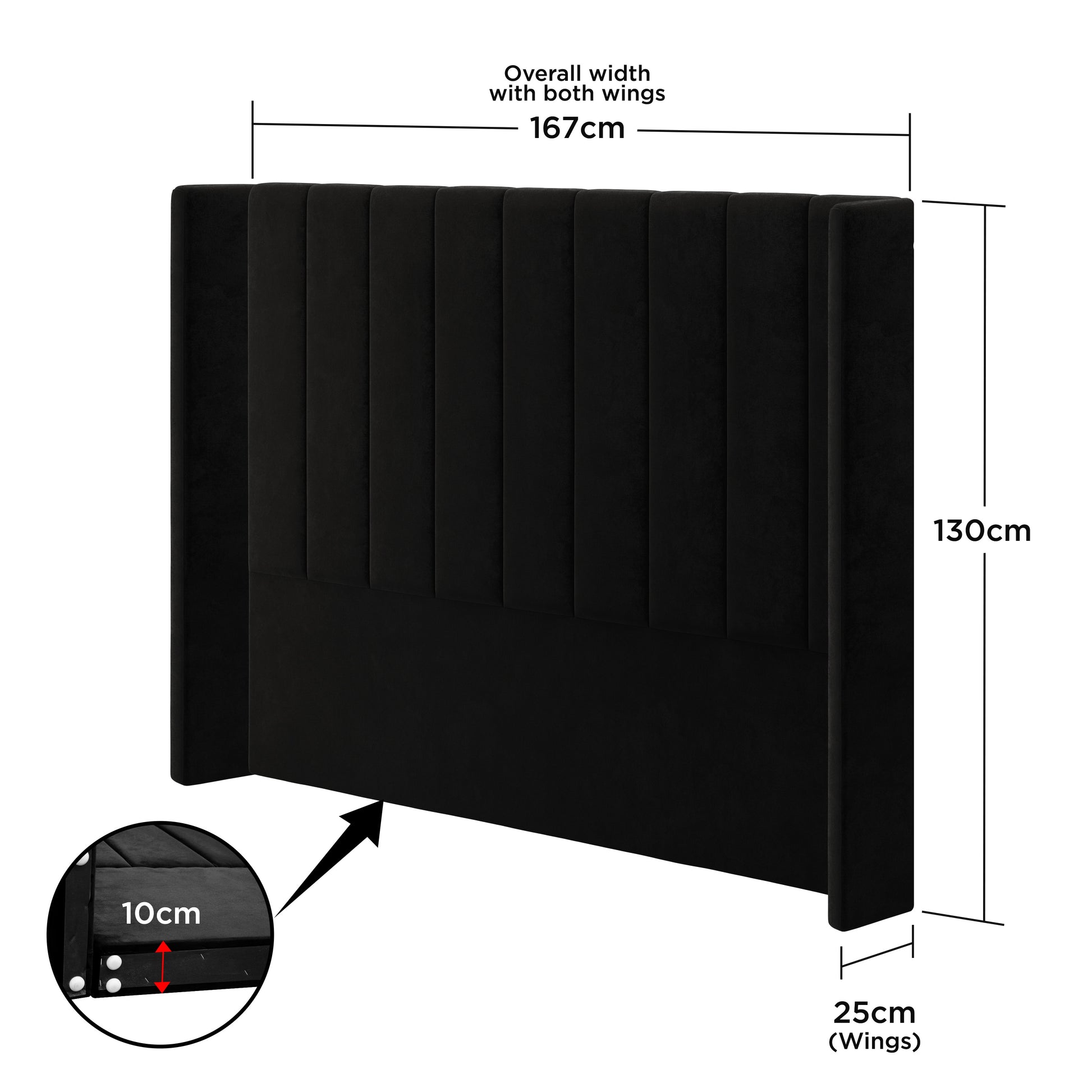 Fulvia Queen Winged Velvet Fabric Headboard in Ink, featuring a black velvet look, vertical channel padding, and forward-extending side wings; dimensions: 167cm width, 130cm height, 25cm wing depth.