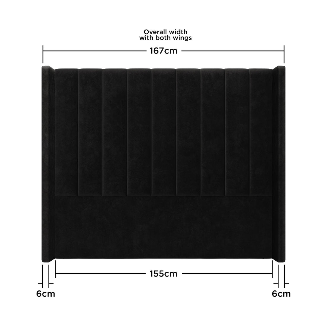 Fulvia Queen Winged Velvet Fabric Headboard in Ink, featuring vertically channel-tufted upholstery, solid wooden frame, and foam filling. The diagram highlights dimensions: 167 cm overall width, 155 cm main panel width, 6 cm wing thickness.
