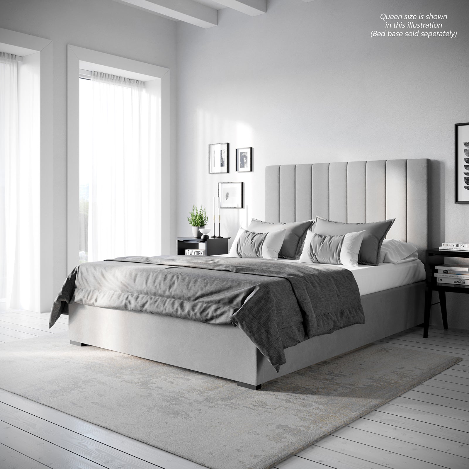 Gratiana Double Velvet Fabric Headboard in Slate features a tall, vertically channeled design with elegant stitching, set against a modern bedroom with grey-toned bedding and minimalist decor.