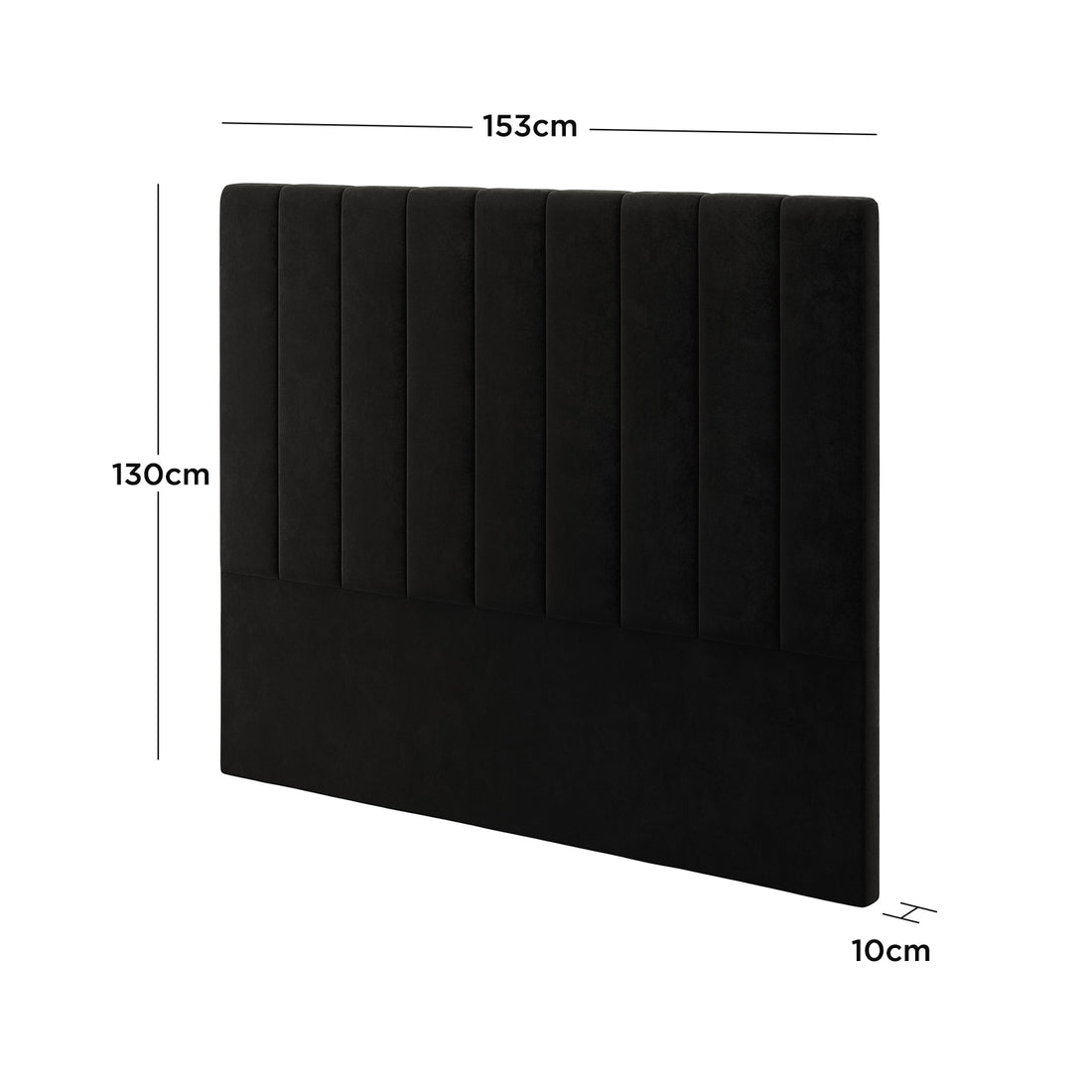 Gratiana Queen Velvet Fabric Headboard in Ink features vertically channel-tufted padding, plain lower section, dimensions 153 cm wide, 130 cm tall, 10 cm thick, offering Art Deco sophistication and comfort.