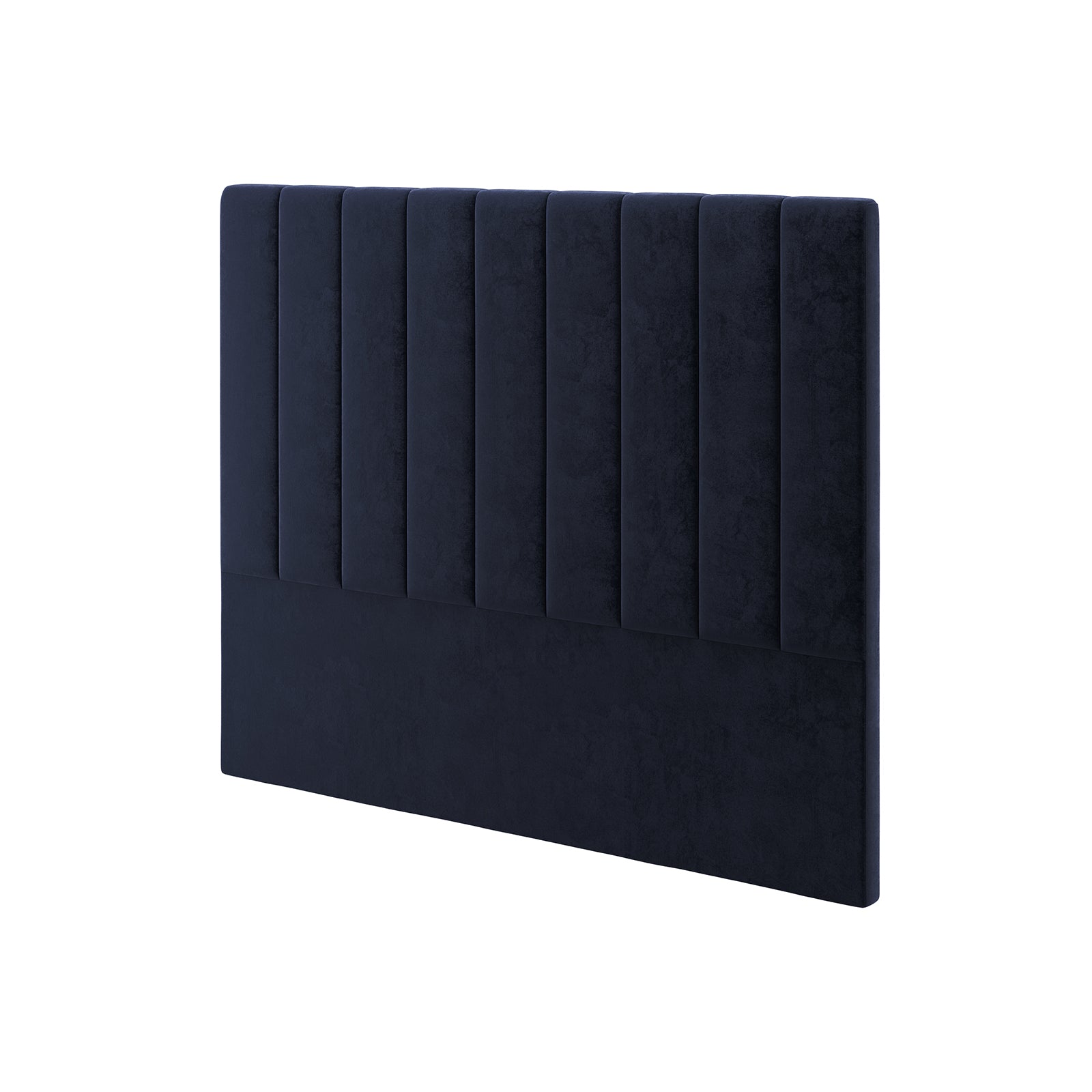 Gratiana Upholstered Velvet Headboard – Queen: Close-up of plush navy velvet headboard with Art Deco-inspired curved silhouette and detailed stitching, showcasing its luxurious texture and elegant design.