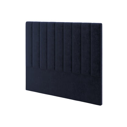 Gratiana Upholstered Velvet Headboard – Queen: Close-up of plush navy velvet headboard with Art Deco-inspired curved silhouette and detailed stitching, showcasing its luxurious texture and elegant design.