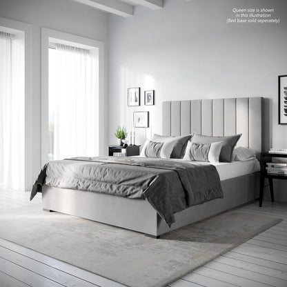 Gratiana Queen Velvet Fabric Headboard in Slate, featuring vertical channel tufting, plush velvet upholstery, and detailed stitching, shown in a minimalist bedroom setting with layered linens and simple black nightstands.