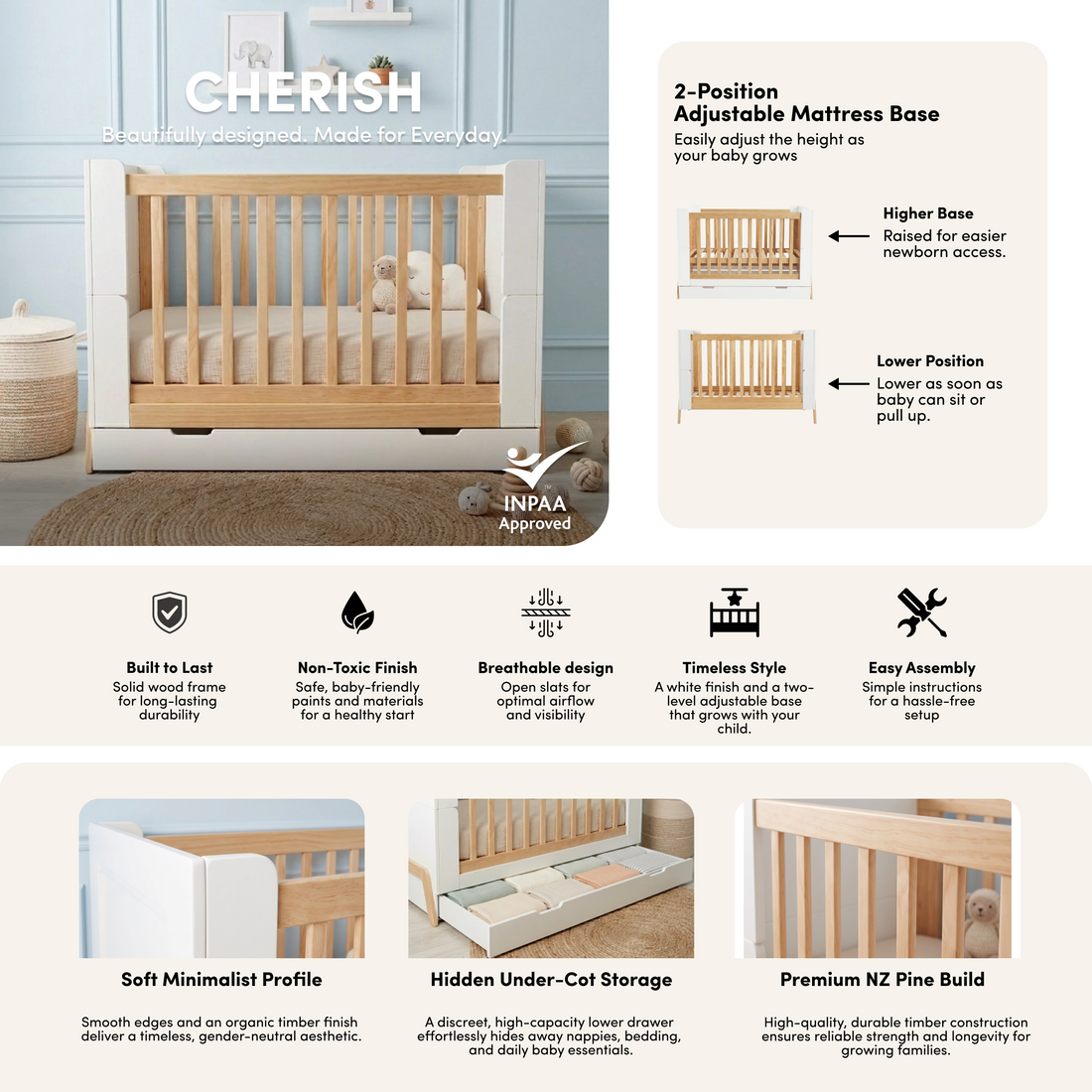 Hushly Baby Cot with Storage Drawer in Natural styled in a room setting