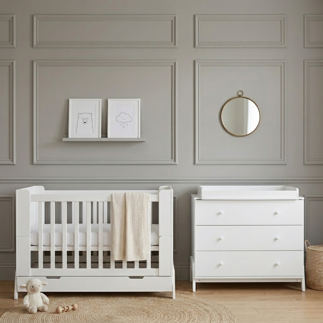 Hushly Baby Cot with Storage Drawer in White