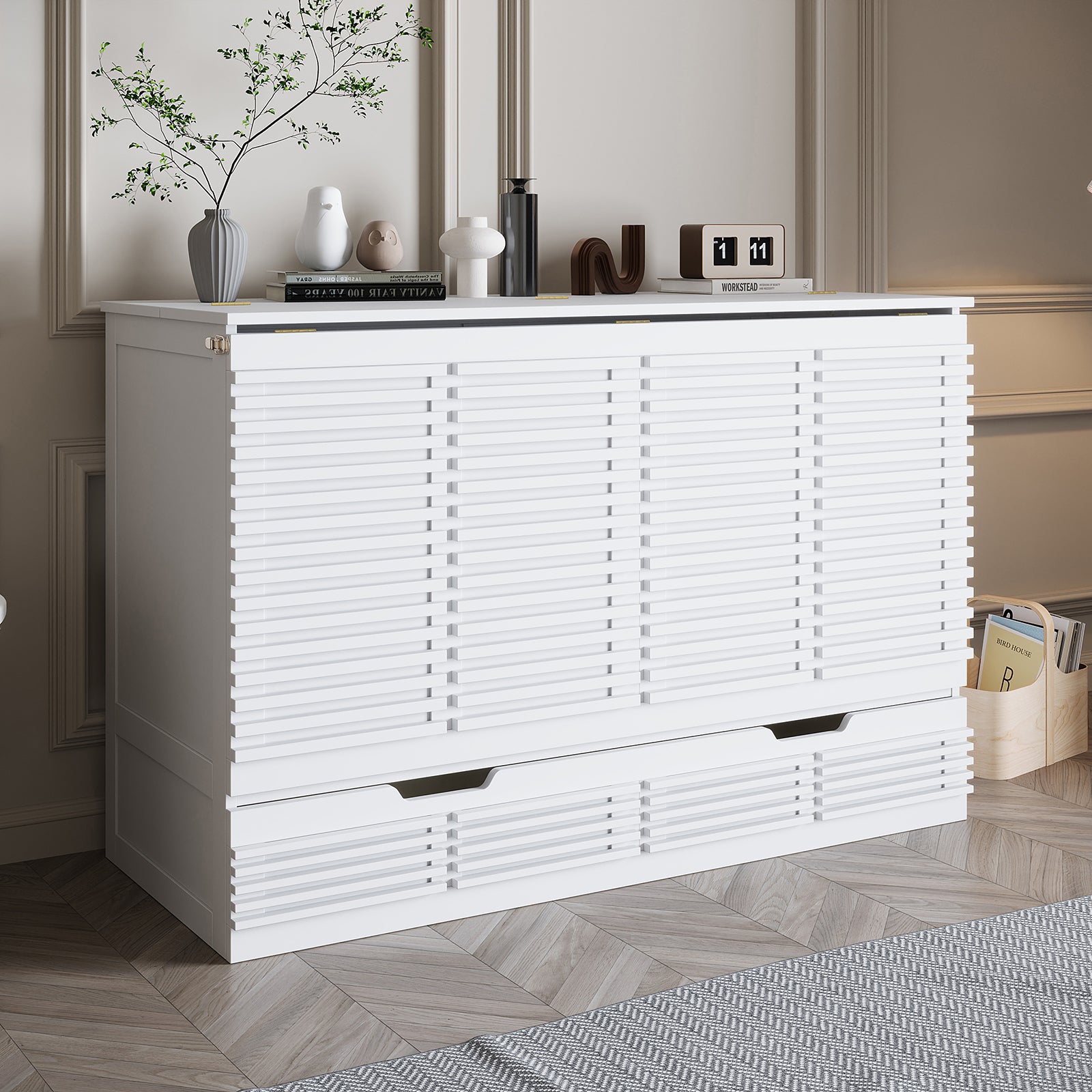 Jaxen Eco-Luxury Sleep with Bamboo Mattress Bundle featuring a white louvered sideboard with decor, showcasing modern design elements; includes vase, sculptures, and retro clock, reflecting stylish, space-saving home aesthetics.
