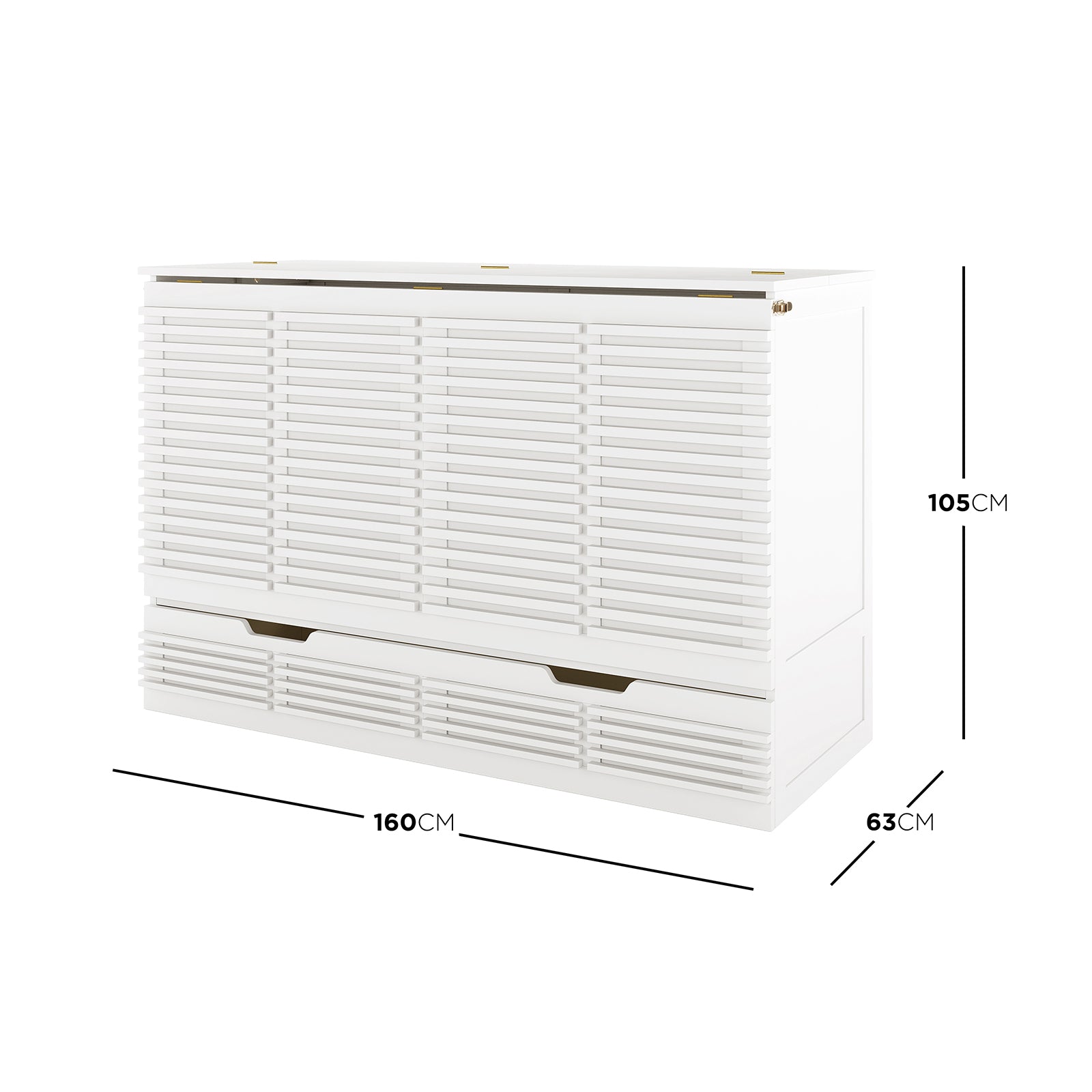 Jaxen Smart Queen Murphy Bed with Plico 3-Fold Queen Mattress, featuring a slatted front and hinged top lid, provides a space-saving solution with ergonomic support, measuring 160x63x105 cm.