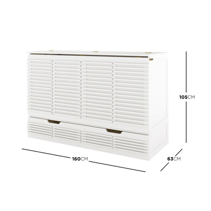 Jaxen Smart Queen Murphy Bed with Plico 3-Fold Queen Mattress, featuring a slatted front and hinged top lid, provides a space-saving solution with ergonomic support, measuring 160x63x105 cm.