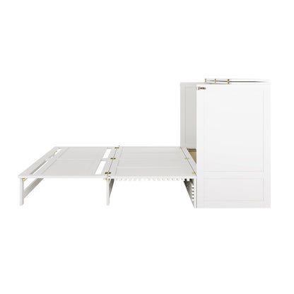 Jaxen Eco-Luxury Sleep with Bamboo Mattress Bundle showcases a white Murphy bed open, revealing slatted supports and folded panels, paired with a tri-fold bamboo mattress for space-saving comfort.