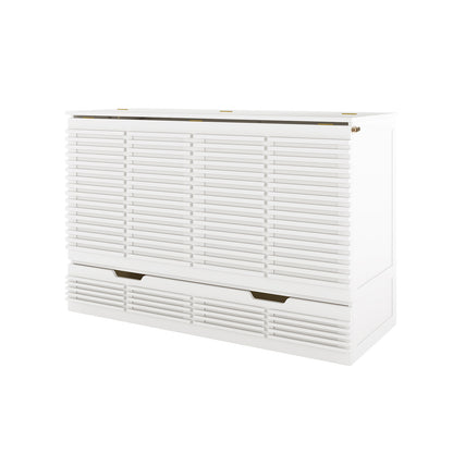 Jaxen Smart Queen Murphy Bed and Plico 3-Fold Queen Mattress, featuring a freestanding white cabinet with slatted panels and a recessed handle, showcasing a minimalist design perfect for optimizing living space.