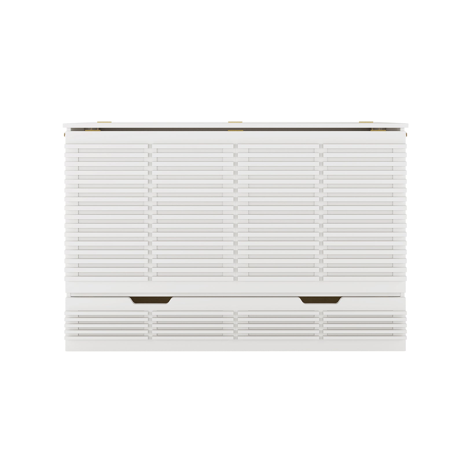 Jaxen Eco-Luxury Sleep with Bamboo Mattress Bundle features a white, low storage cabinet with louvered slats, a hinged top compartment, and a pull-out drawer, accented by brass-colored details.
