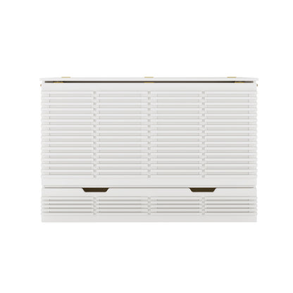 Jaxen Eco-Luxury Sleep with Bamboo Mattress Bundle features a white, low storage cabinet with louvered slats, a hinged top compartment, and a pull-out drawer, accented by brass-colored details.
