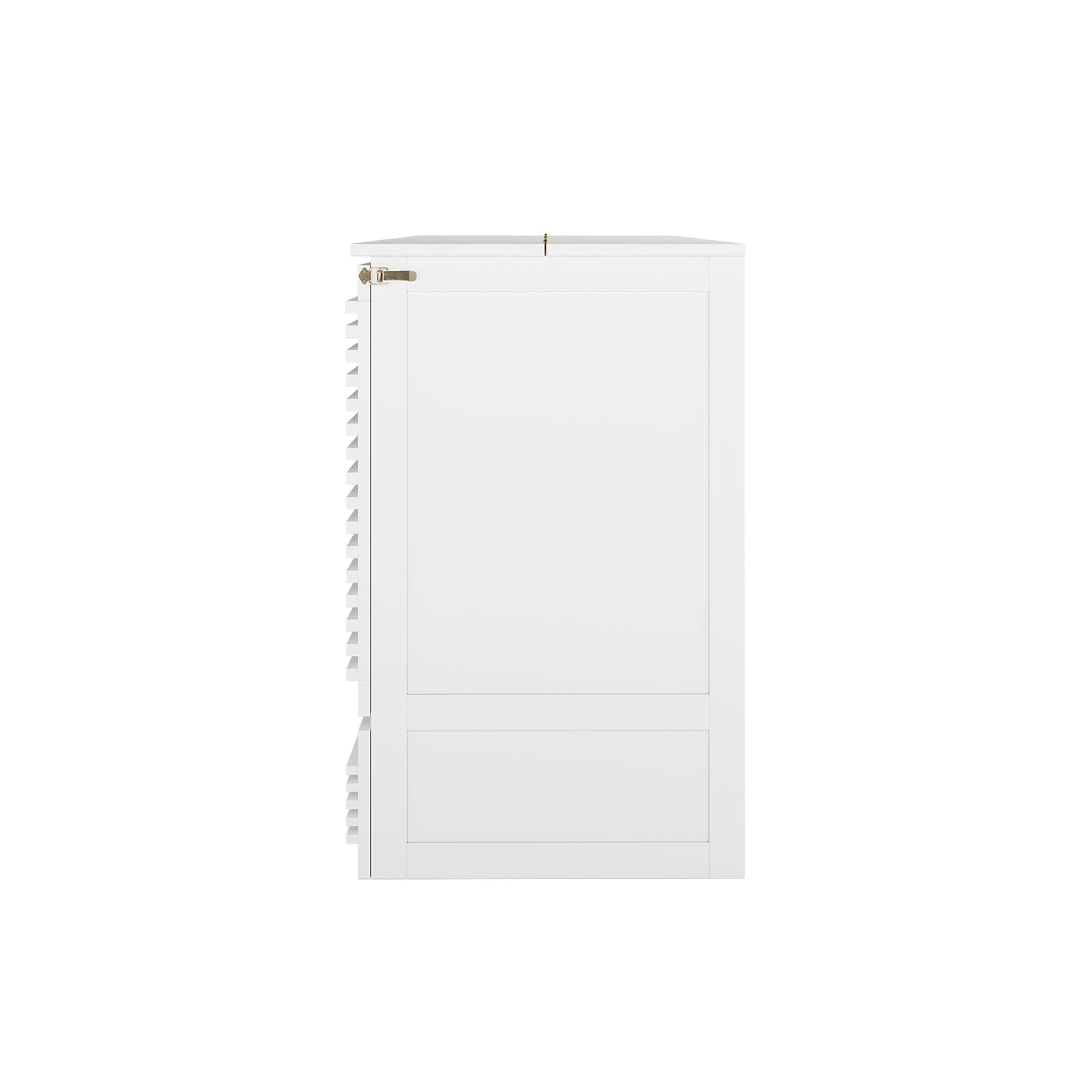 Jaxen Smart Queen Murphy Bed with Plico 3-Fold Queen Mattress shown folded vertically with a paneled front and slatted sides, highlighting its space-saving and ergonomic design.