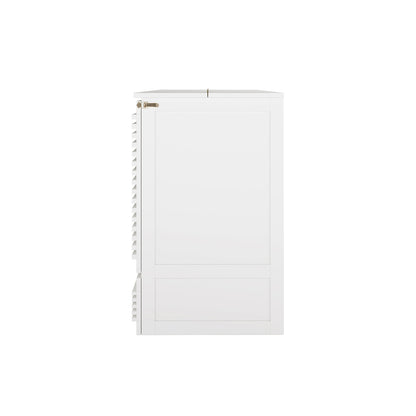 Jaxen Smart Queen Murphy Bed with Plico 3-Fold Queen Mattress shown folded vertically with a paneled front and slatted sides, highlighting its space-saving and ergonomic design.