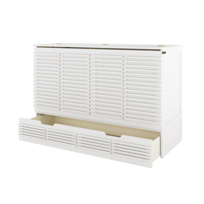 Jaxen Smart Queen Murphy Bed with Plico 3-Fold Queen Mattress shown with a white wooden cabinet featuring a slatted front, hinged lid, and partially extended wide pull-out drawer for space efficiency.