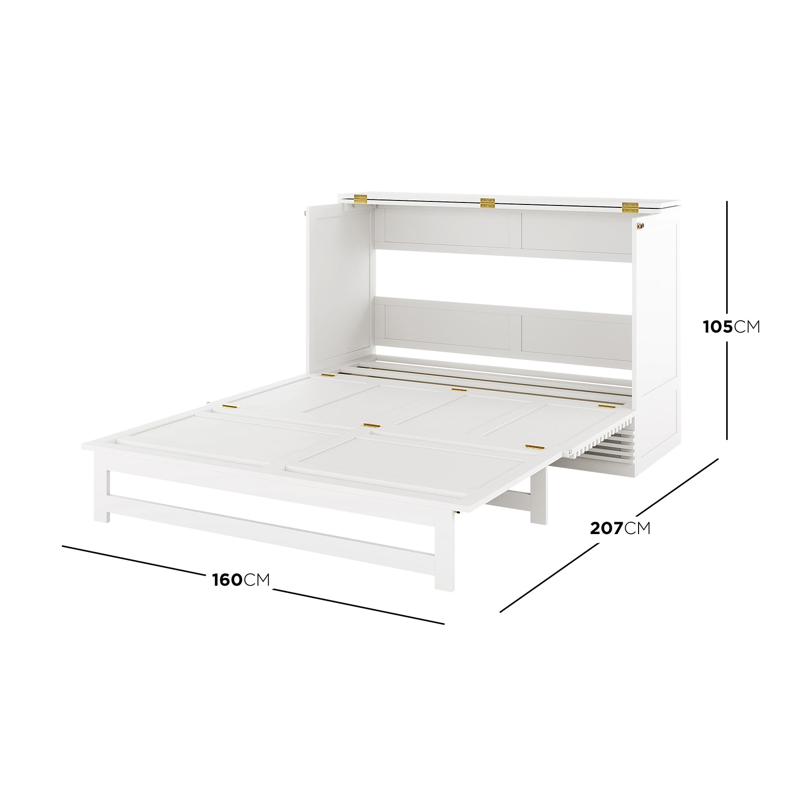 Jaxen Smart Queen Murphy Bed with Plico 3-Fold Queen Mattress shown open; features a white panel front, wooden leg support, and folds vertically to optimize space. Dimensions: 160 cm wide, 207 cm deep.