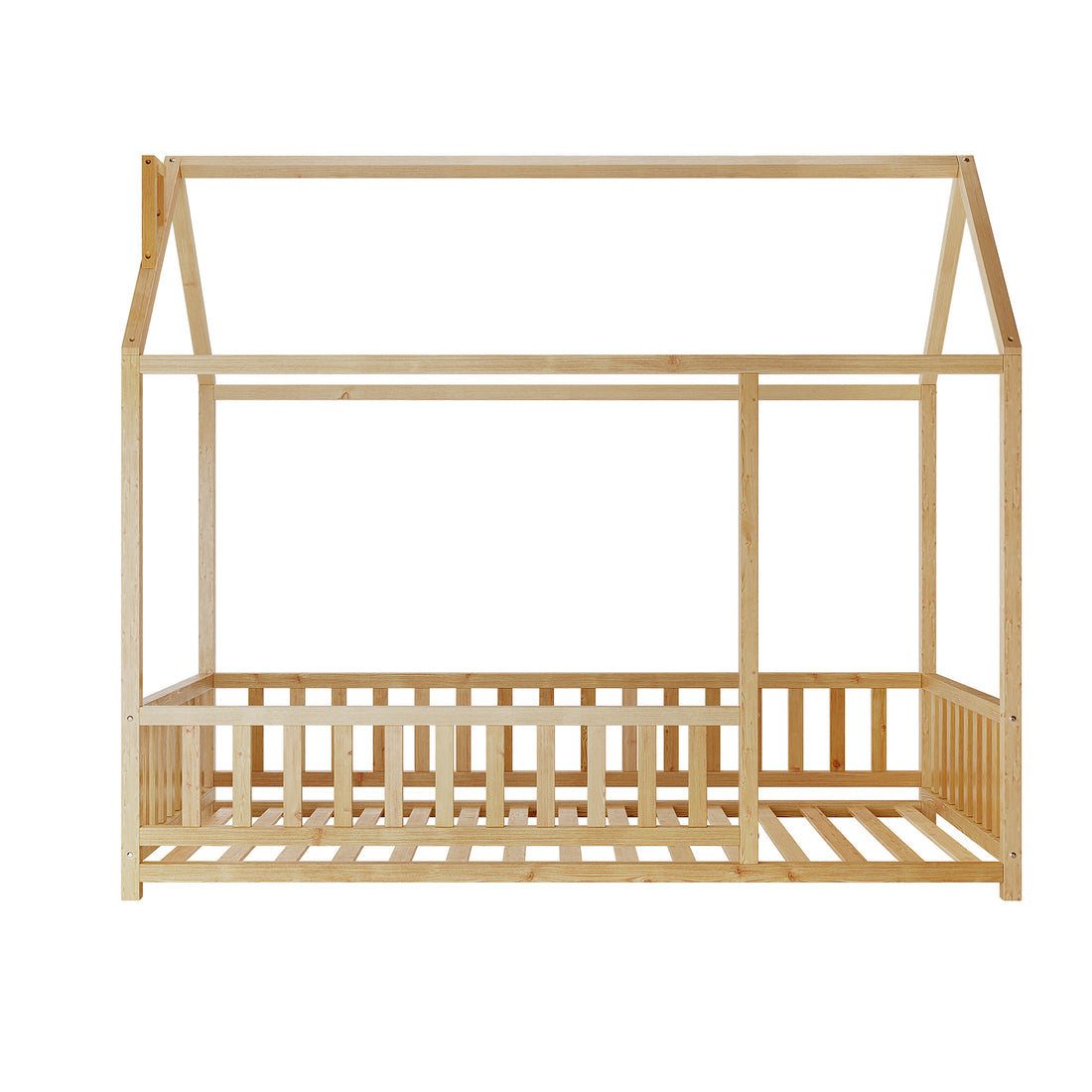 Jesse Kids Single Solid Pine Wood House Bed Frame in White features a peaked roof outline and slatted base, designed as a floor bed frame without mattress or panels, perfect for toddlers transitioning from cribs.