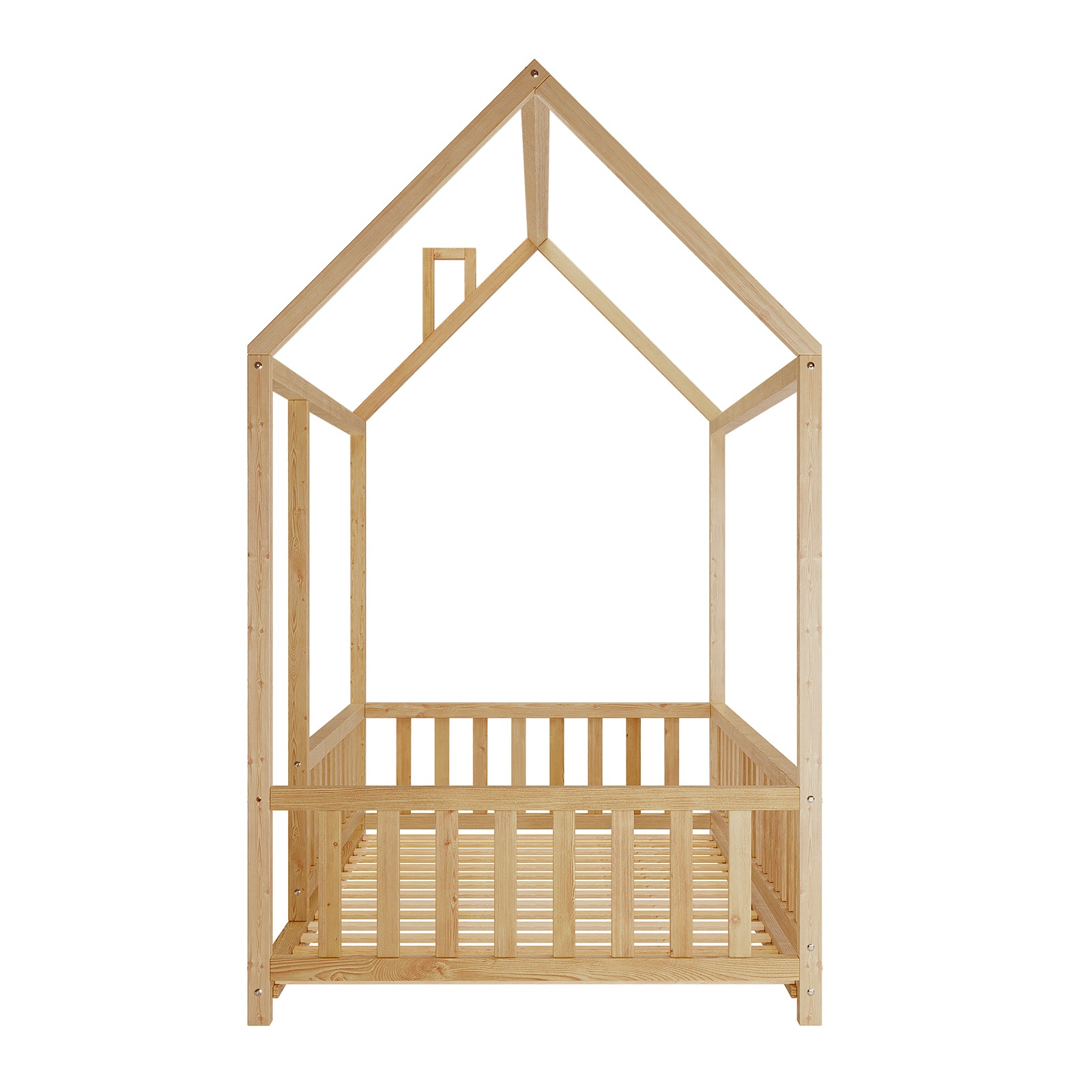Jesse Kids Single Solid Pine Wood House Bed Frame in White, featuring a minimalist house shape with upright posts, slatted mattress deck, and low picket-fence-style side rails, crafted from natural-finish pine.