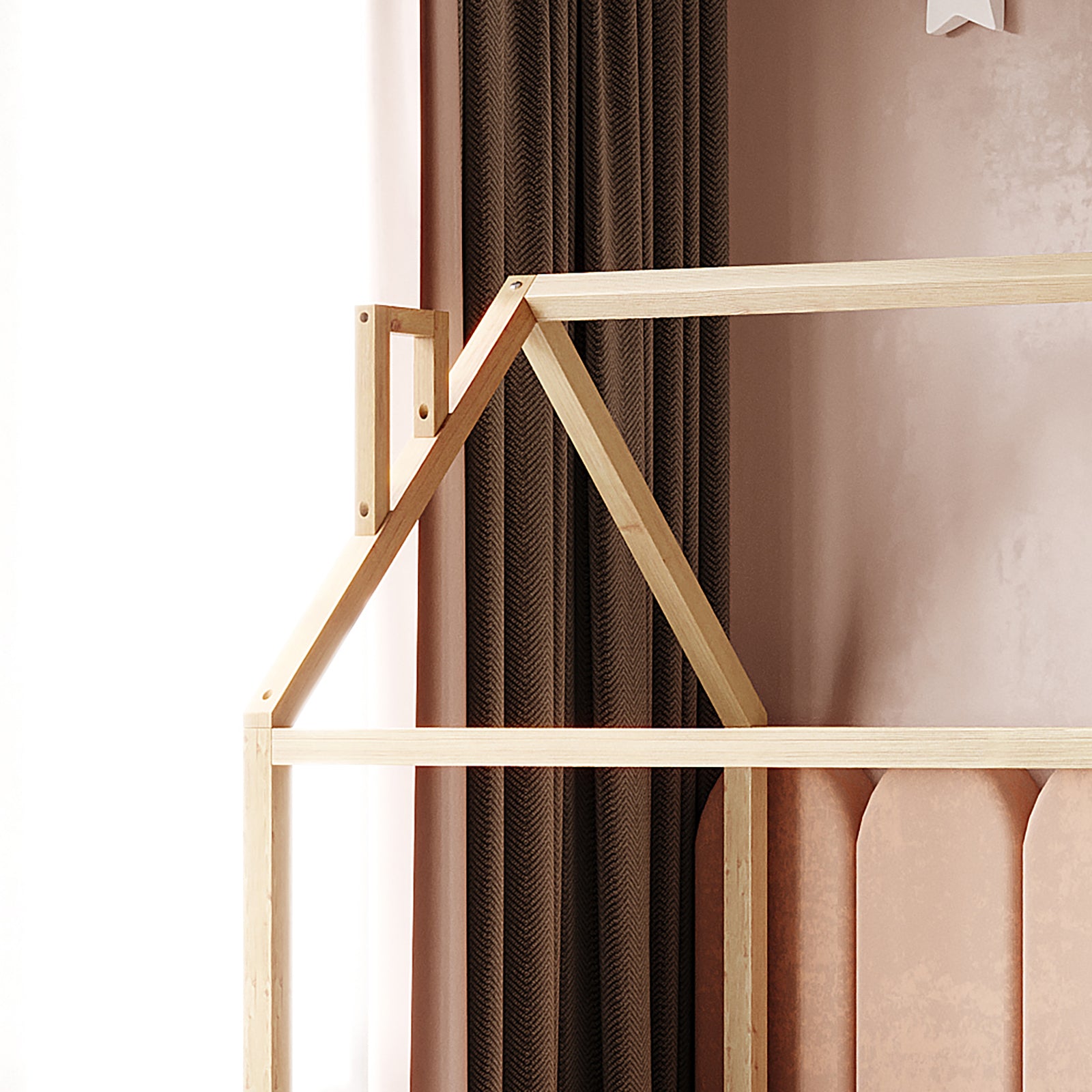 Jesse Kids Single Solid Pine Wood House Bed Frame in White; minimalist design with light wooden posts and beams forming a gabled-roof outline, set against a blush-pink wall and dark drapery.