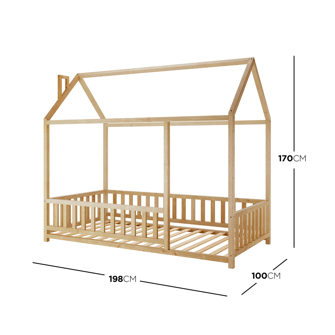Jesse Kids Single Solid Pine Wood House Bed Frame in White features a peaked roof design, slatted base, and low side rails, providing a cozy, safe transition bed for toddlers.