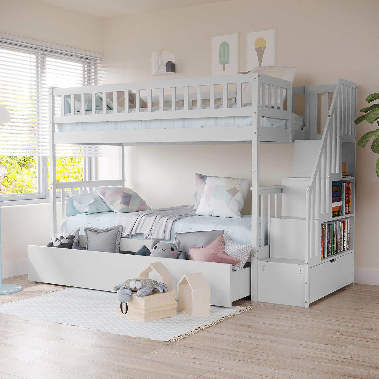 Jessica Timber Bunk Bed & Junior Mattress Package - White - Lifestyle
