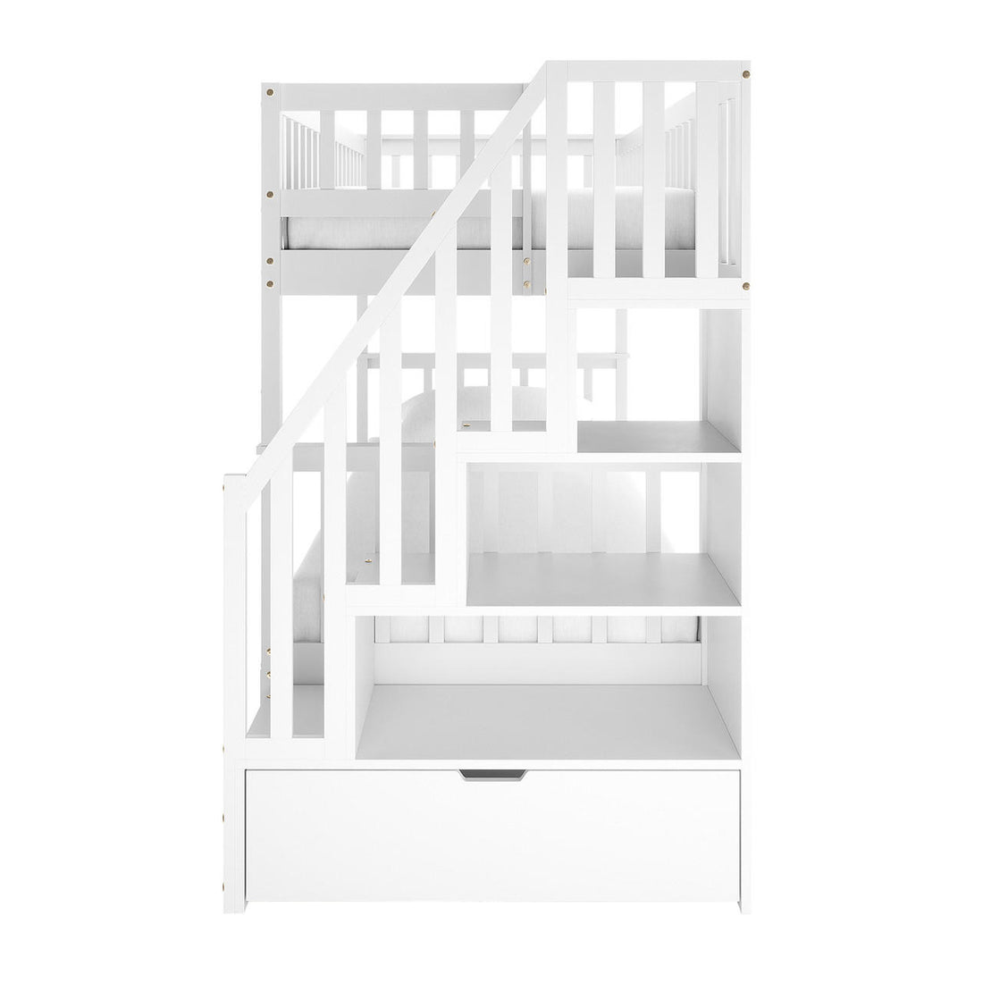 The Jessica Solid Wood Staircase Storage Bunk Bed in White features a loft-style design with a staircase having open shelving and a large pull-out drawer beneath the bottom bunk for added storage.