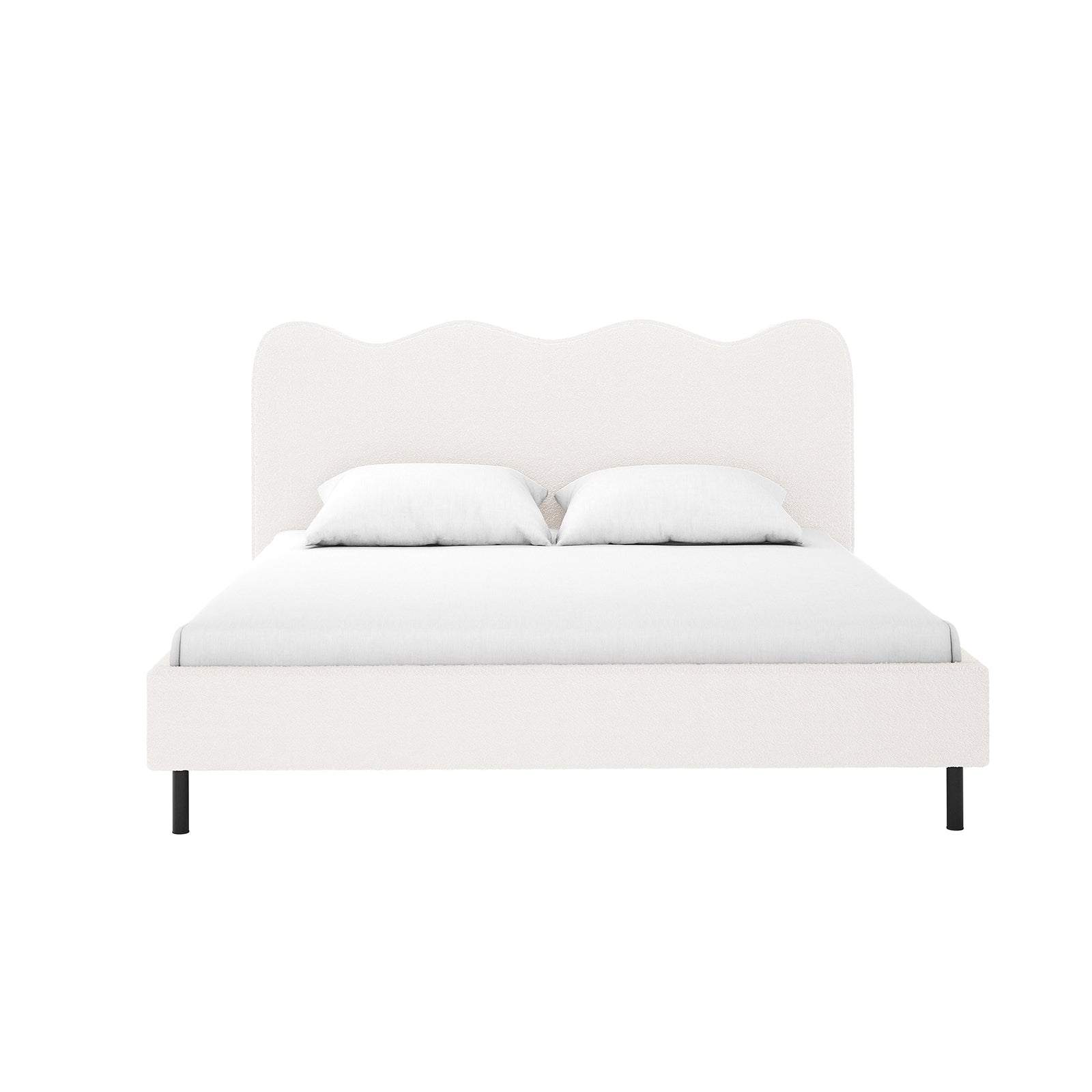 Kaylie Double Boucle Fabric Bed Frame in Cream White, featuring a minimalist design with a scalloped headboard, upholstered frame, and slim dark metal legs, complemented by two white pillows and a simple mattress.