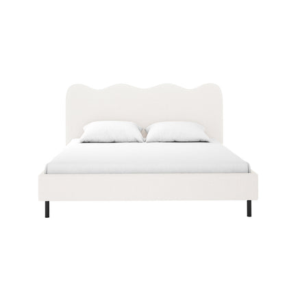 Kaylie Double Boucle Fabric Bed Frame in Cream White, featuring a minimalist design with a scalloped headboard, upholstered frame, and slim dark metal legs, complemented by two white pillows and a simple mattress.