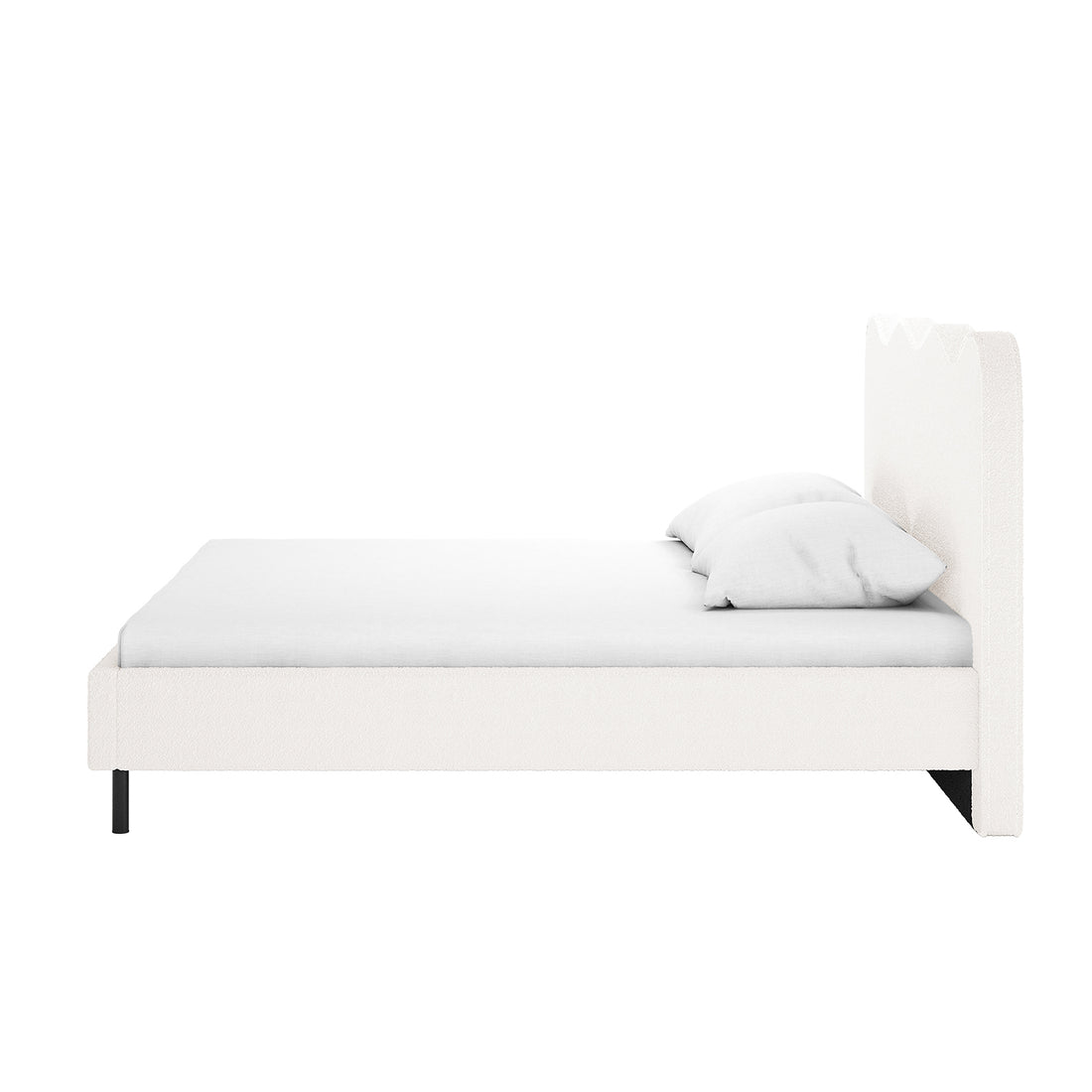 Kaylie Double Boucle Fabric Bed Frame in Cream White, featuring a tall, contoured headboard and low-profile frame on slender black legs, with a white mattress and pillows, showcasing minimalist elegance.