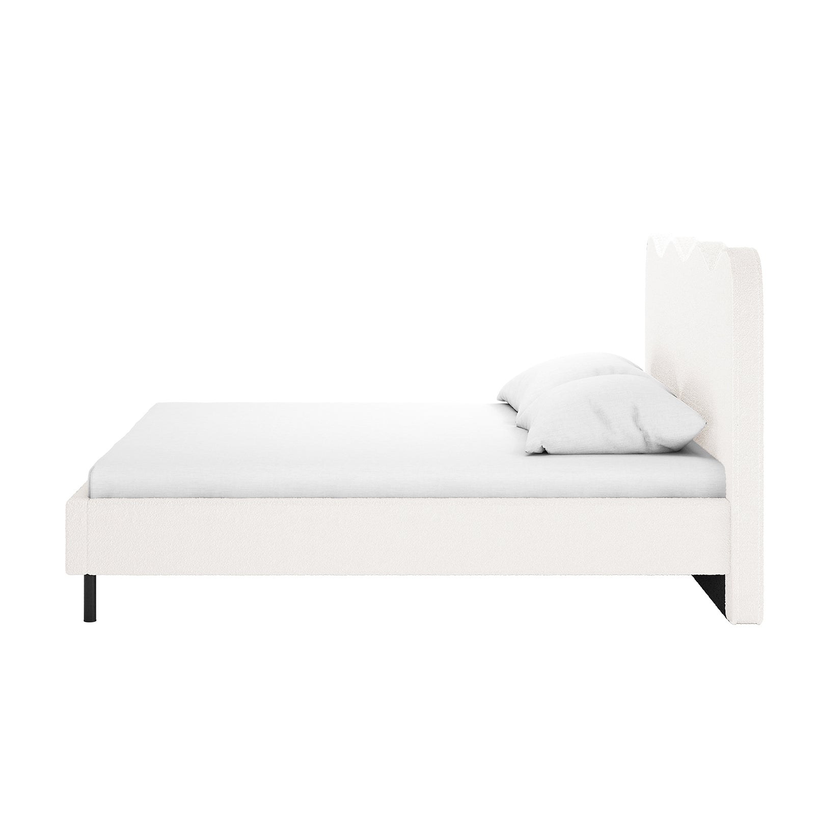 Kaylie Double Boucle Fabric Bed Frame in Cream White, featuring a tall, contoured headboard and low-profile frame on slender black legs, with a white mattress and pillows, showcasing minimalist elegance.