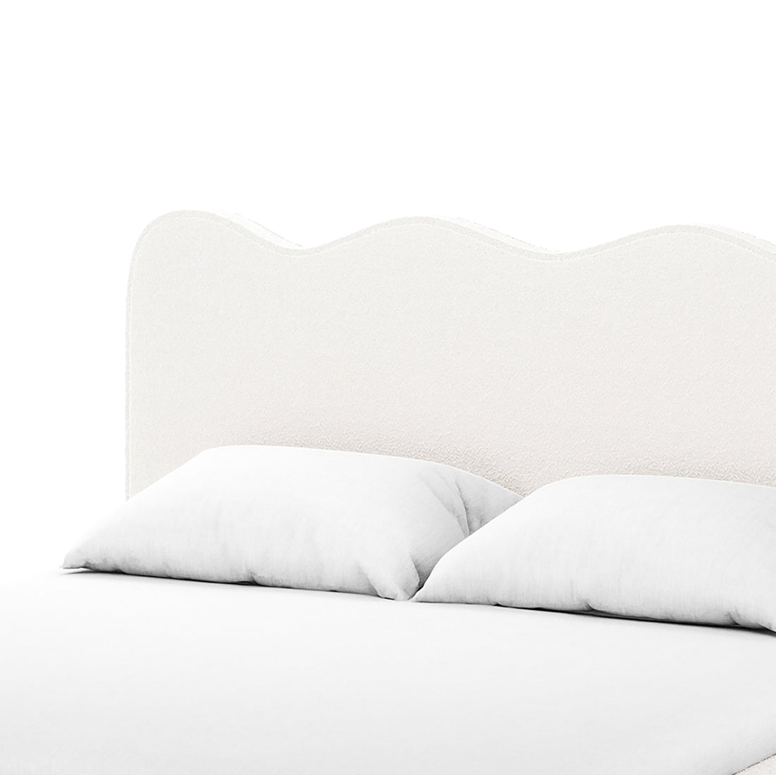Kaylie Double Boucle Fabric Bed Frame in Cream White features a softly upholstered headboard with a wavy silhouette, accompanied by a low-profile mattress and two white pillows, exuding modern elegance and comfort.